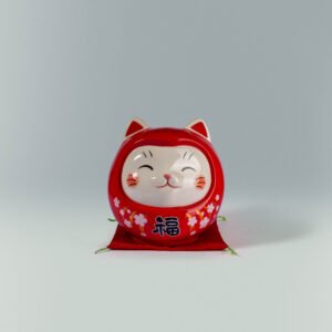 彩绘开运猫达摩 樱桃红福 Painted Fortune Cat Daruma Cherry Red Blessing